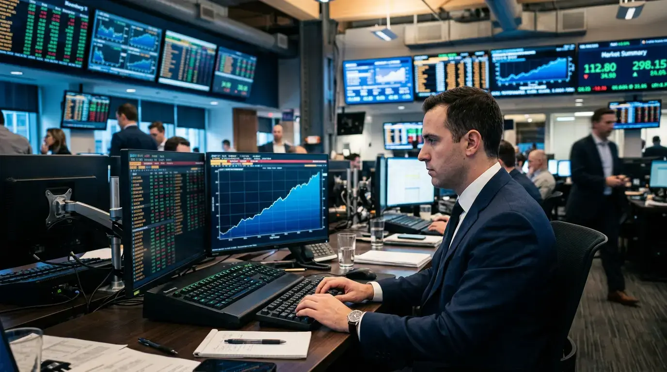 Inštitucionálny investor analyzujúci ethereum staking ETF na monitore s grafmi výnosov