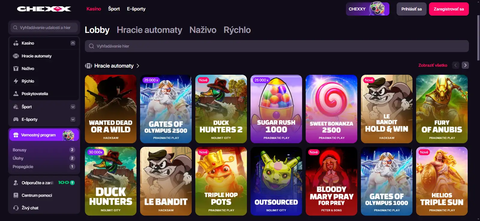 Kasínová lobby CHEXX s kategóriami hier a filtrami slotov